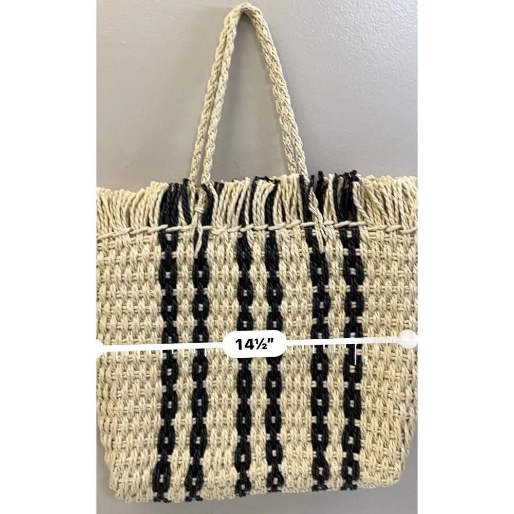 NWT Haute Hippie tan with black stripes raffia straw tote bag
